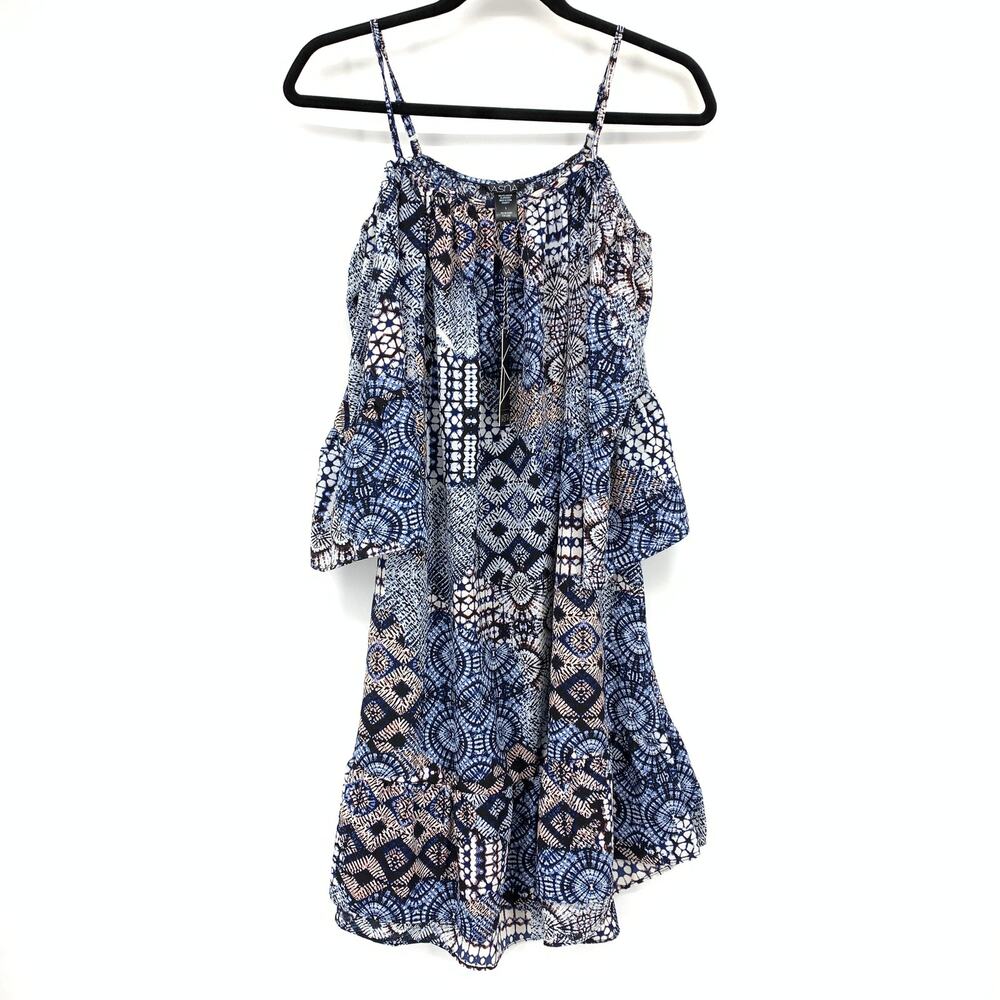 Vasna Cold Shoulder A-Line Dress Womens Size Large Blue Concentric Circle Print